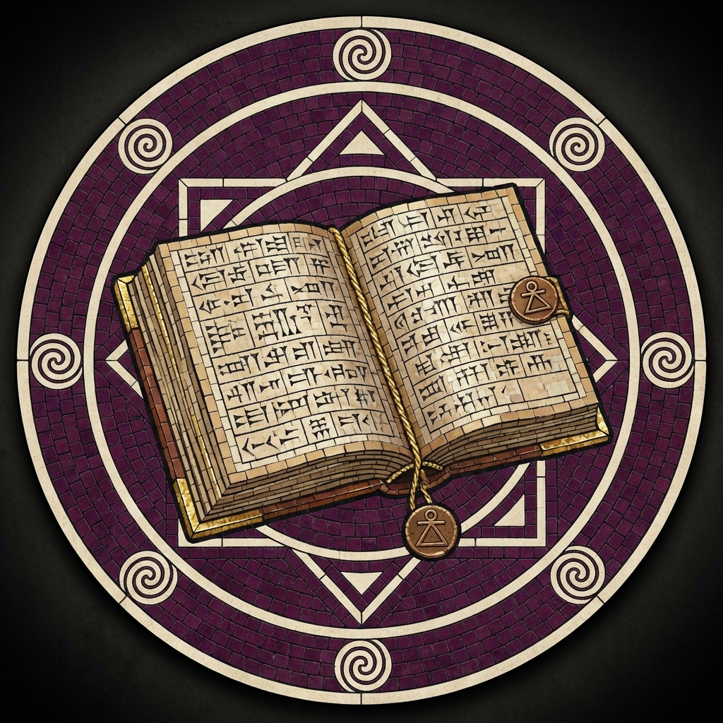 The Playbook — open clay codex with structured text and Tanit seal